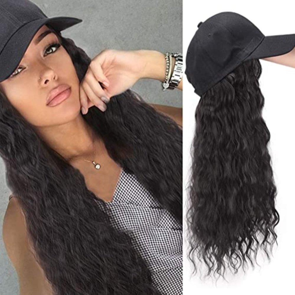 AISI BEAUTY Synthetic Long Wave Baseball Cap w/ Hair Brown Black Wavy Women Wig